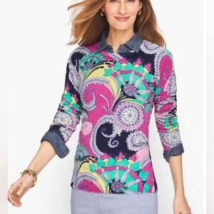TALBOTS  PAISLEY CREWNECK COLORFUL SPRING COTTON BLEND SWEATER Women’s Sz L